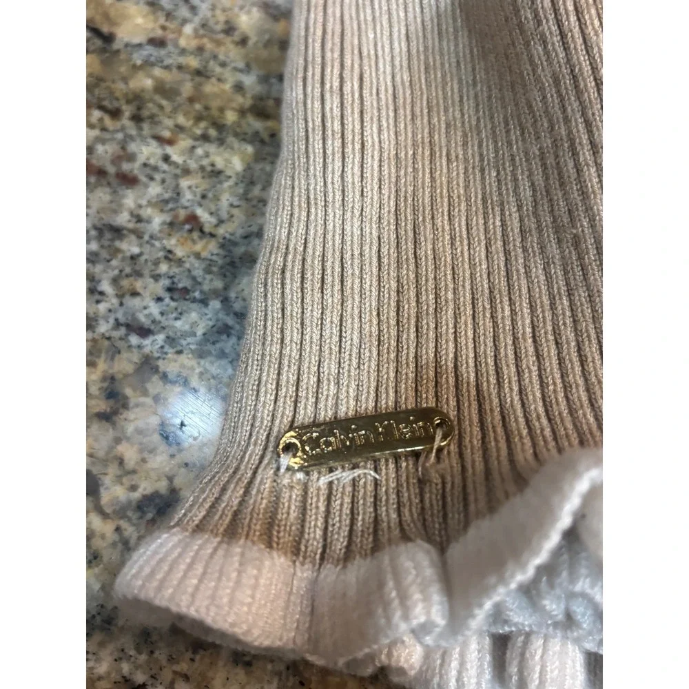 Calvin Klein Womens Ribbed Knit Sweater Tan Lettuce Trim Long‎ Sleeve M